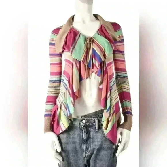 Y2K KENZO Pink Green Multicolour Stripe Silk  Knit Tie Frilly Cardigan Small - Picture 1 of 6